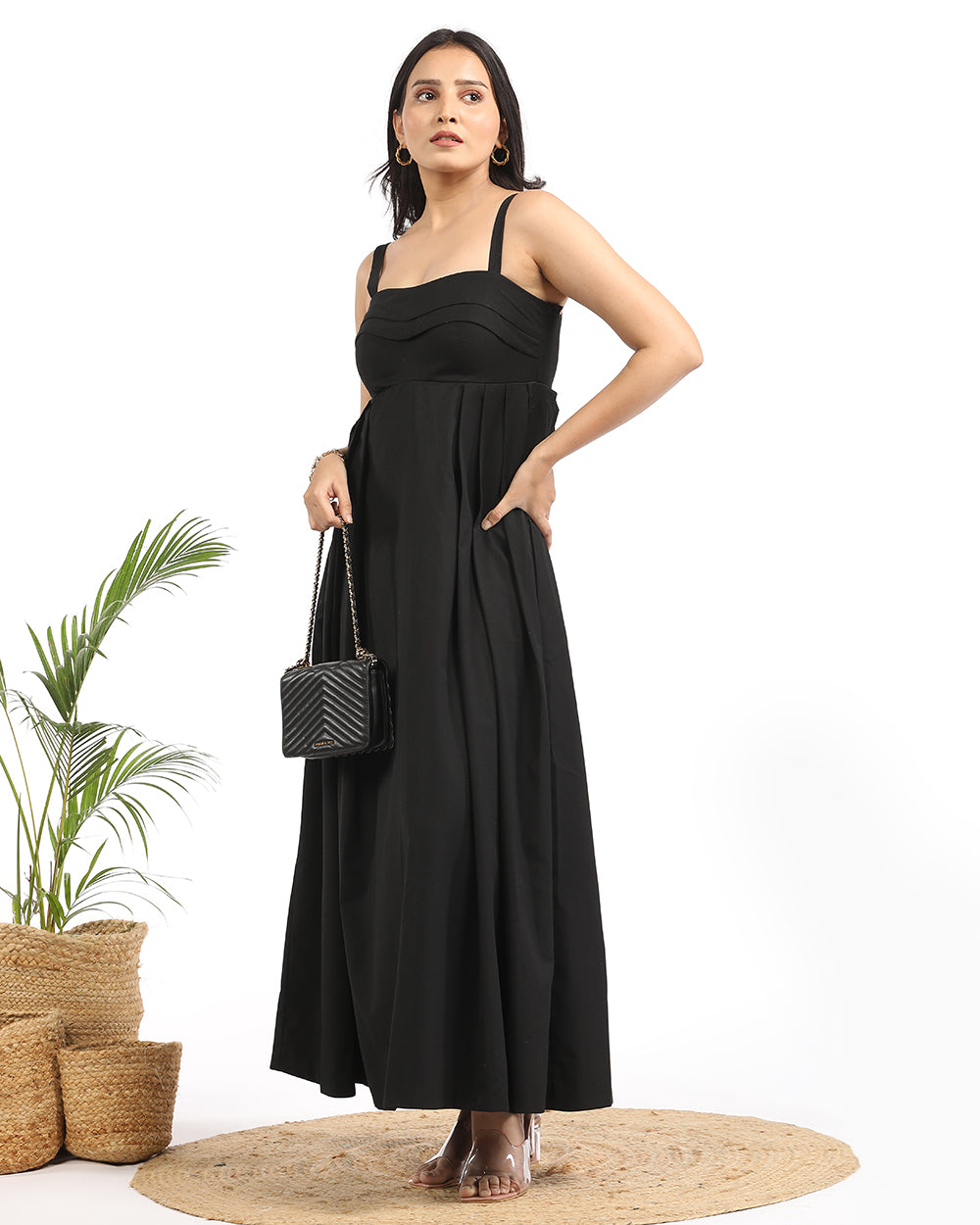Black double pleated maxi