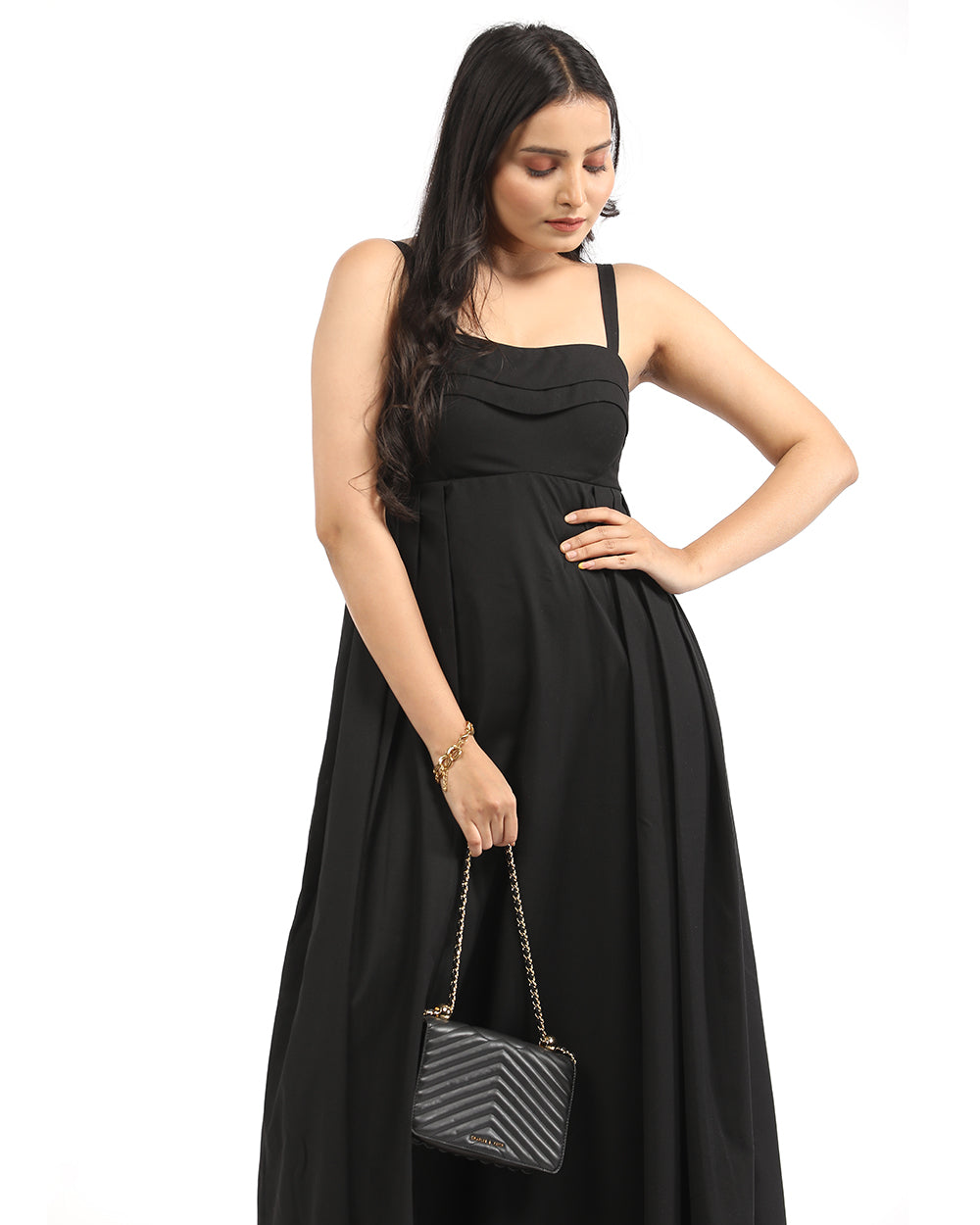 Black double pleated maxi