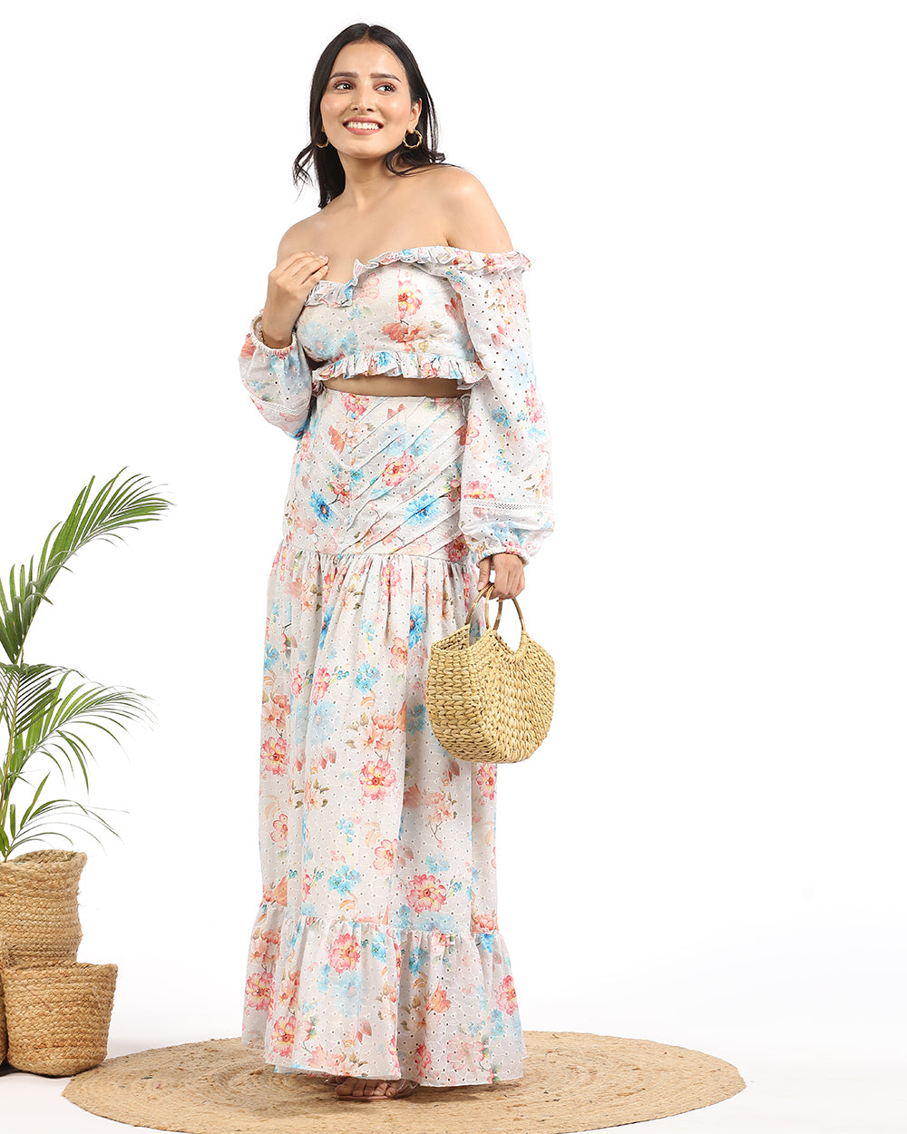 Hakoba off shoulder crop top and potli long skirt