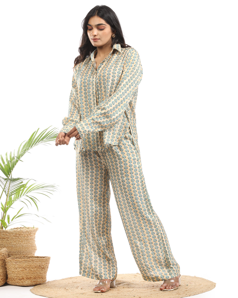 Muslin digital printed shirt and wide leg pant