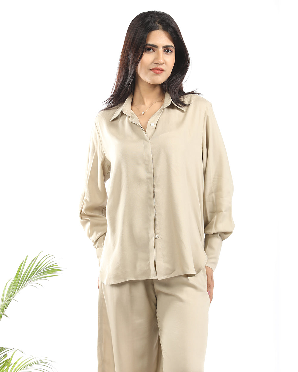 Rayon cotton beige shirt and wide leg pant