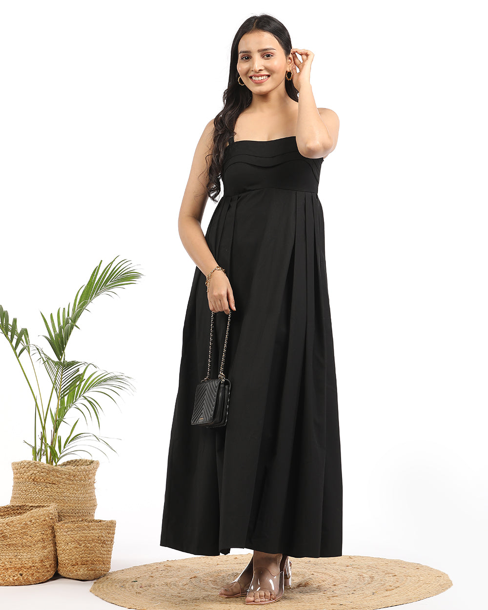 Black double pleated maxi