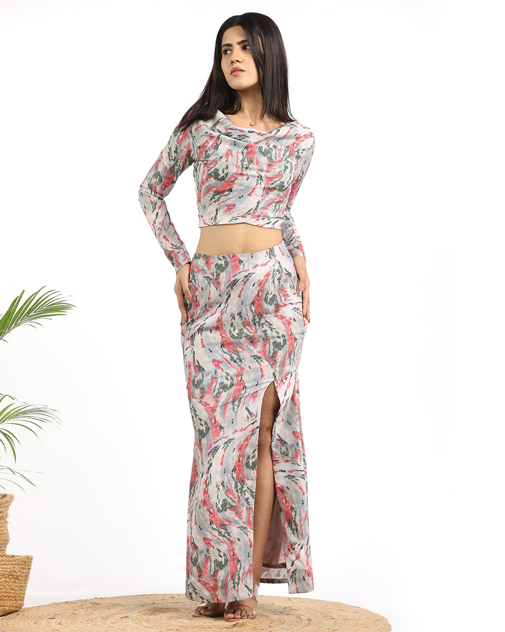Camouflage crop top and pencil fit skirt