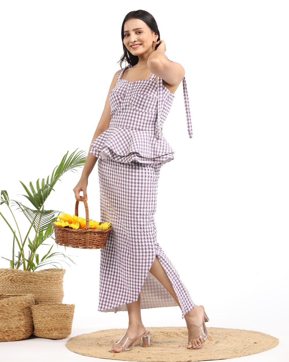 Gingham French tie crop top and Front slit skirt