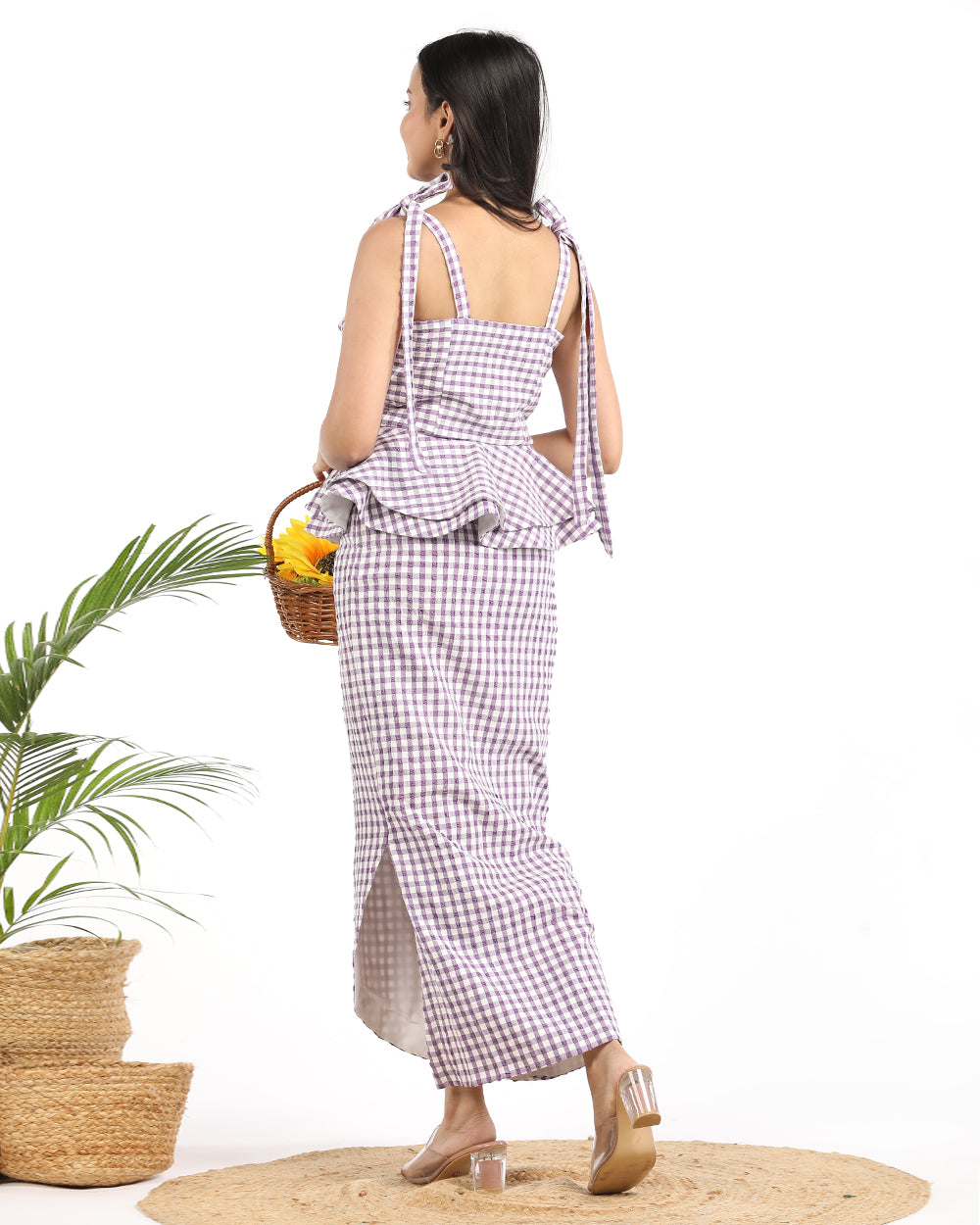 Gingham French tie crop top and Front slit skirt