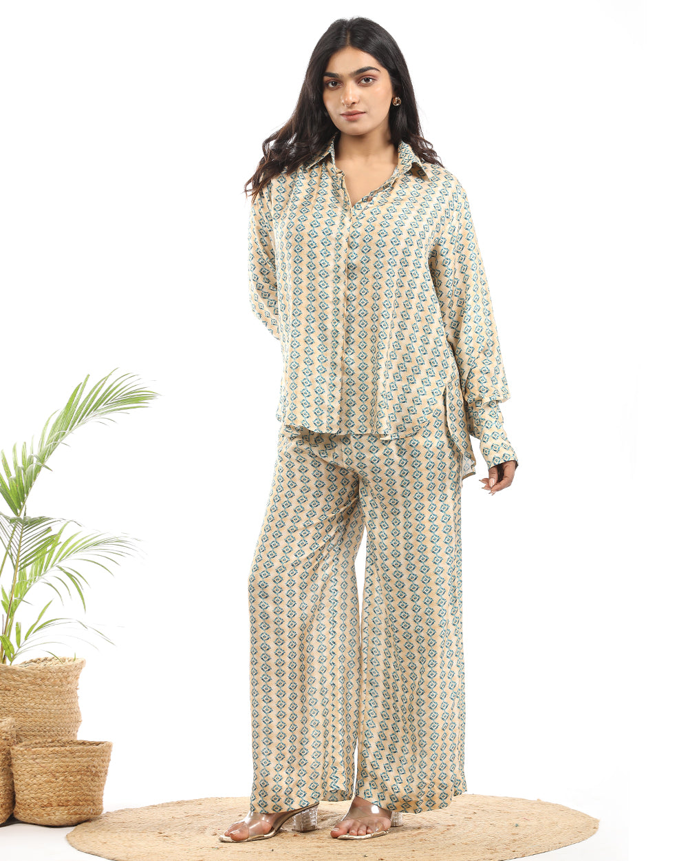 Muslin digital printed shirt and wide leg pant