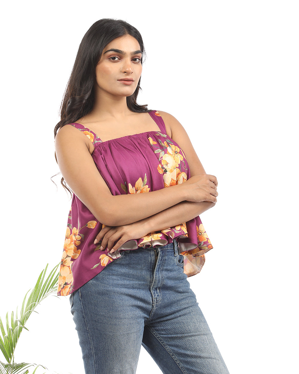 Partial floral flared crop top