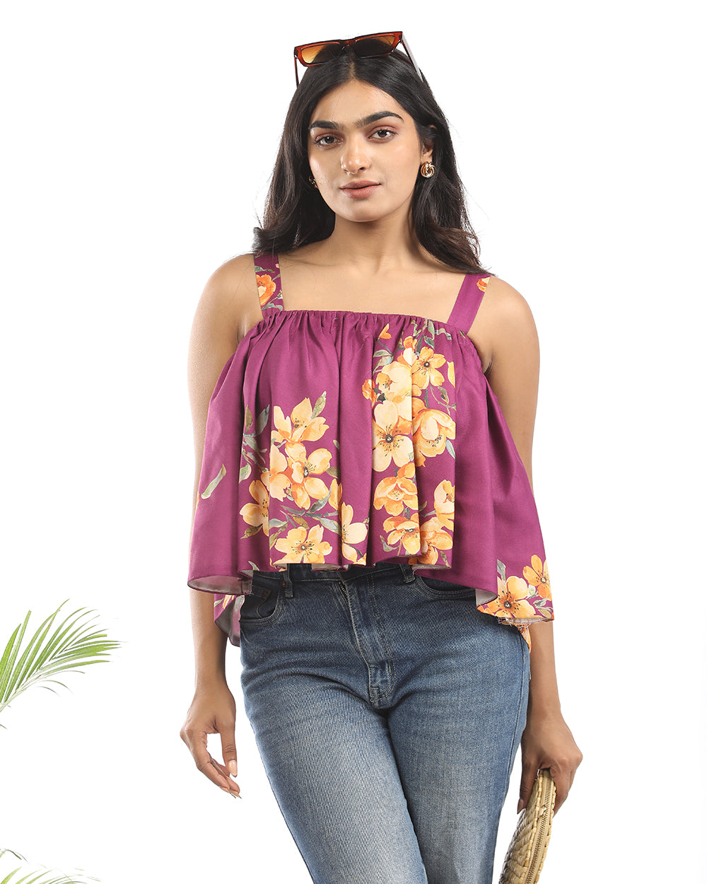 Partial floral flared crop top