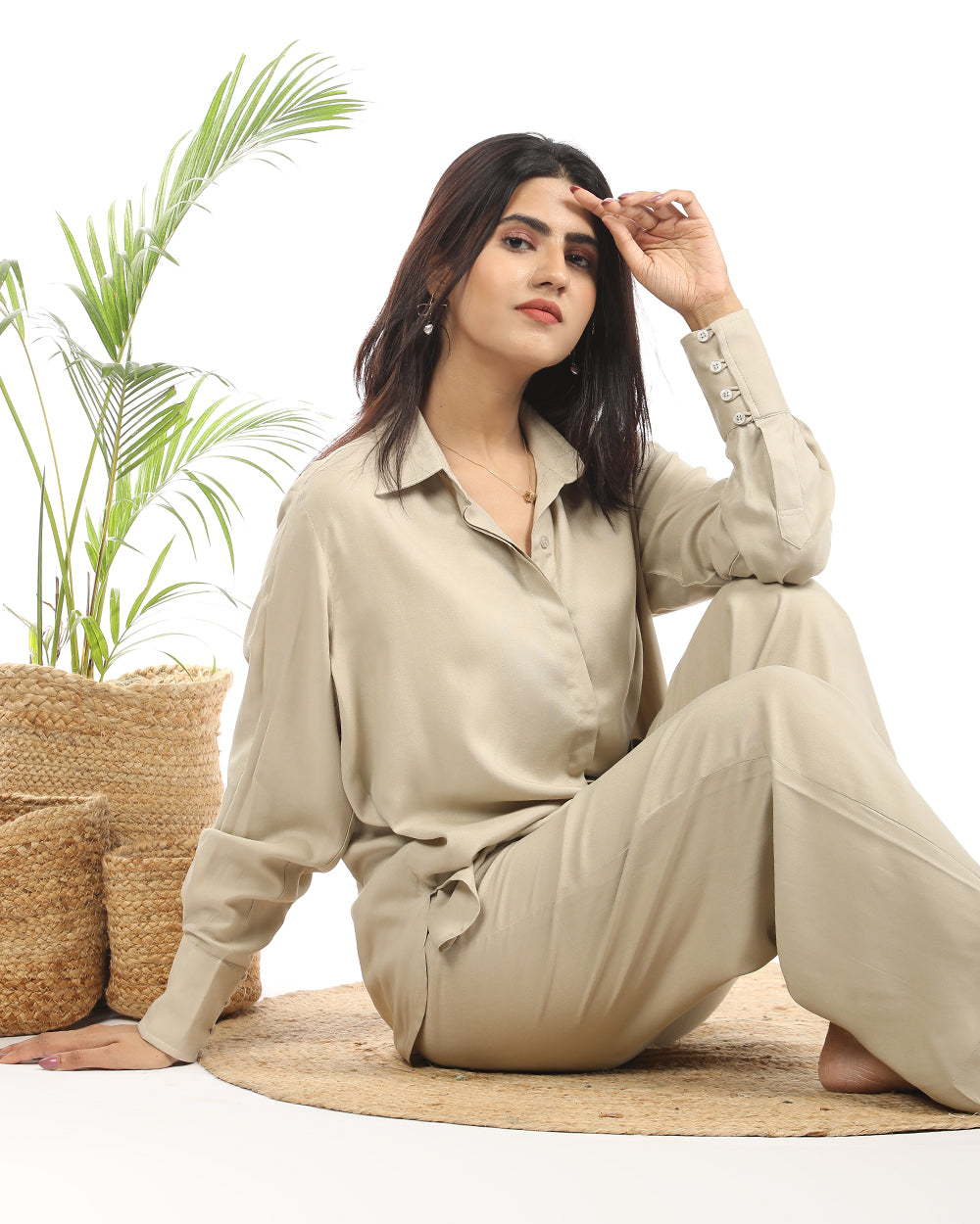 Rayon cotton beige shirt and wide leg pant
