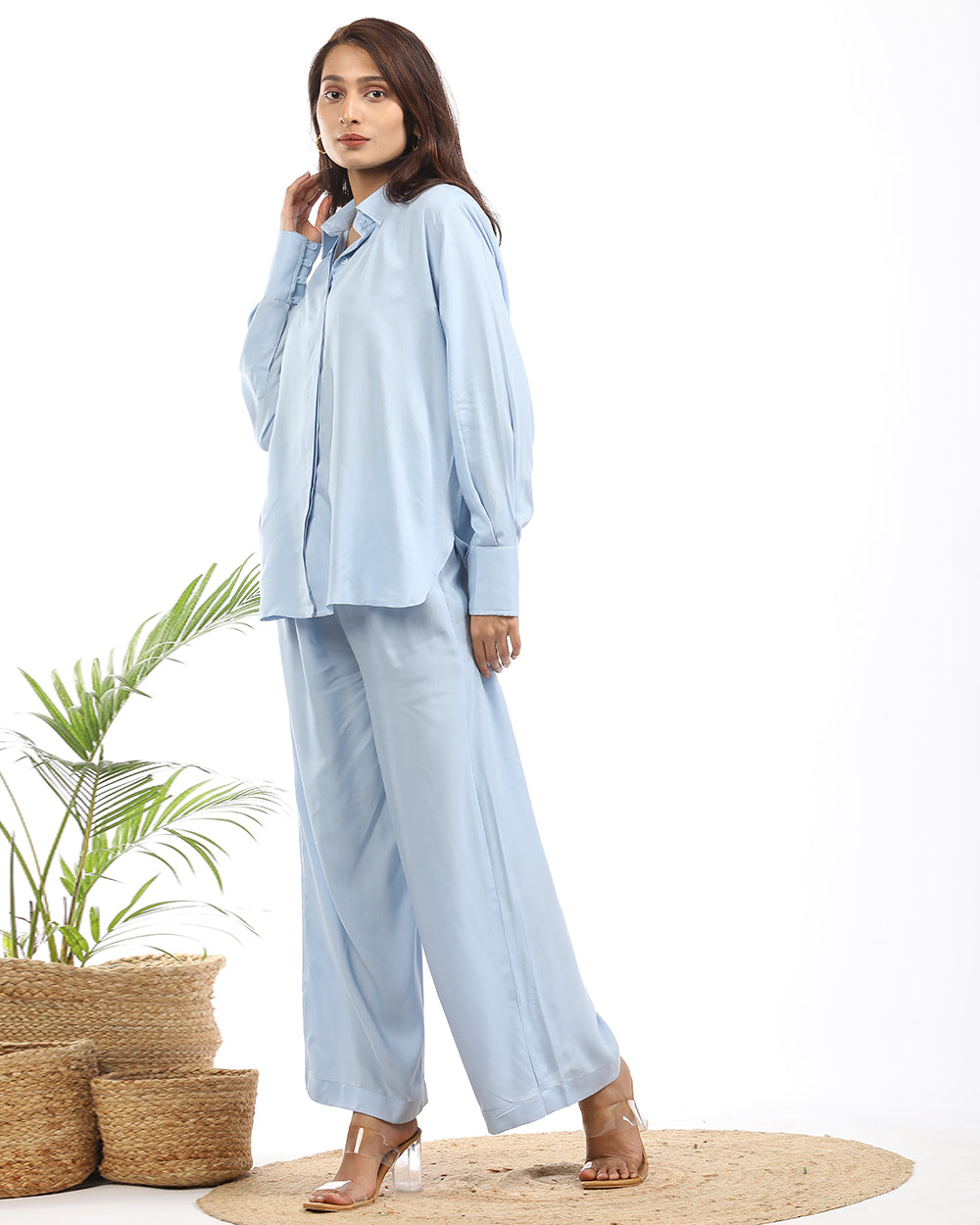 Rayon cotton blue shirt and wide leg pant