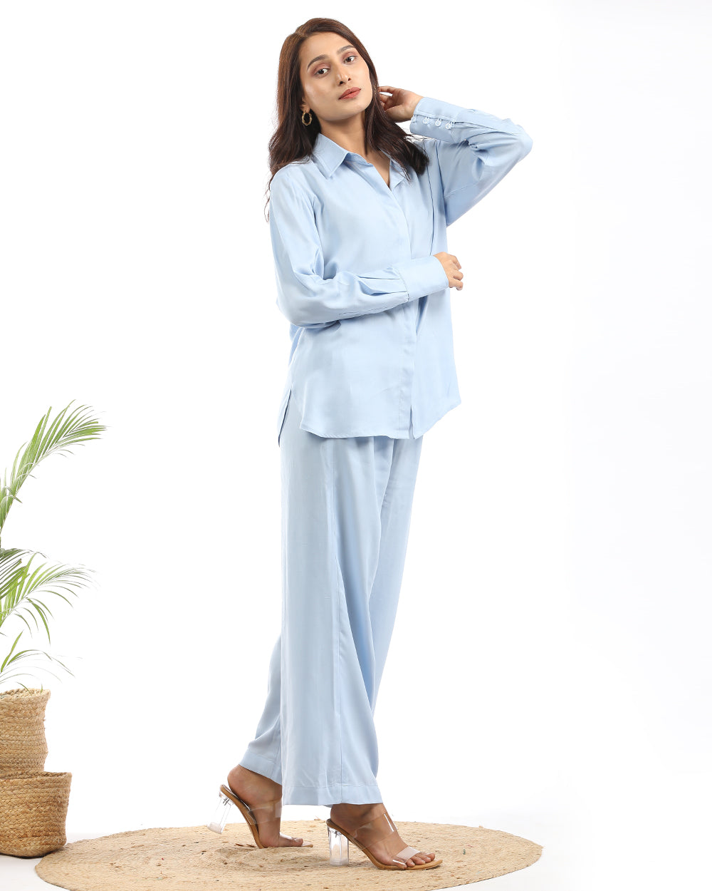 Rayon cotton blue shirt and wide leg pant
