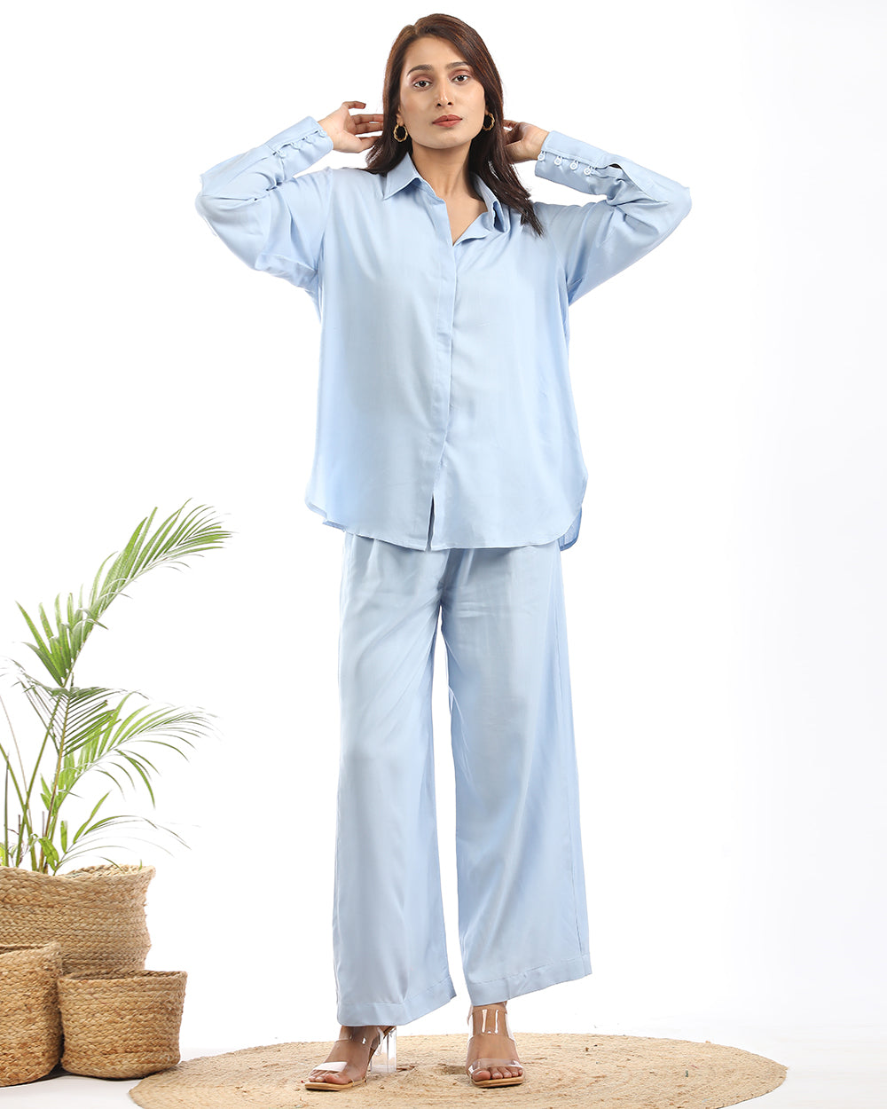 Rayon cotton blue shirt and wide leg pant
