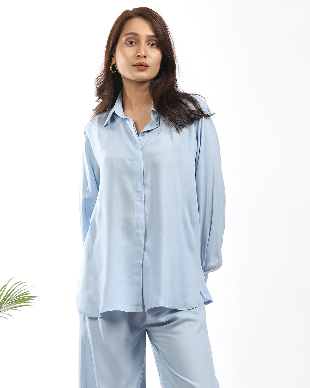 Rayon cotton blue shirt and wide leg pant