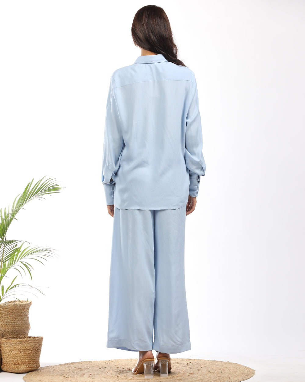 Rayon cotton blue shirt and wide leg pant