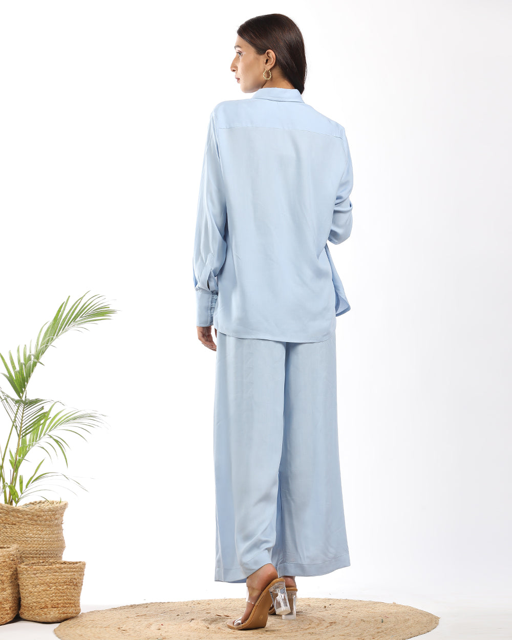Rayon cotton blue shirt and wide leg pant