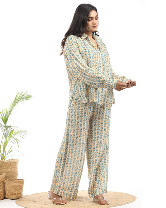 Muslin digital printed shirt and wide leg pant